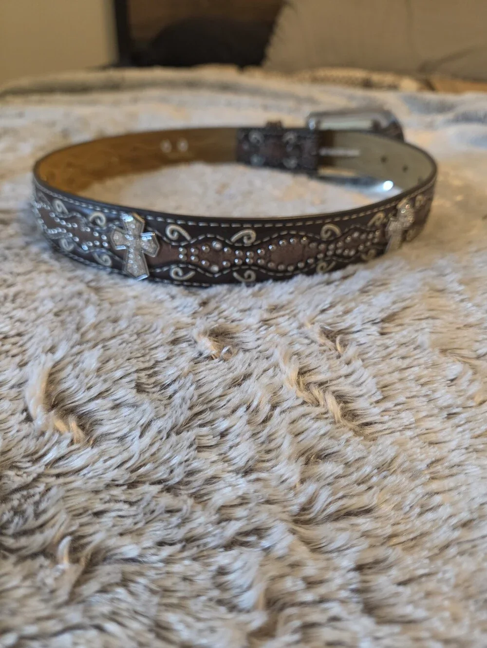 Girls Western Tooled Brown Leather Belt with Ornate Silver Buckle Sz 24